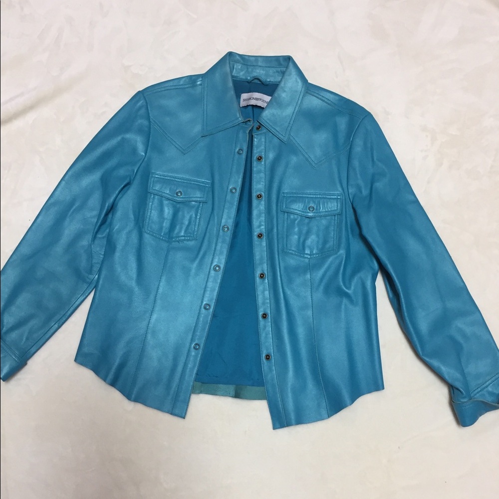 Sharon Young Turquoise Blue Leather Button-Front Jacket